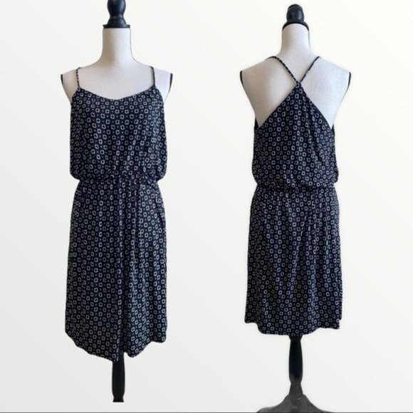 LOFT Dresses & Skirts - Loft Womens Crisscross Swingy Midi Geo Dress Medium Solid Black Geometric Strap